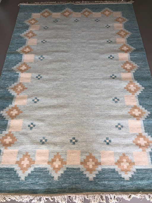 Tappeto rollakan di grandi dimensioni, unico e tessuto a mano, in lana, double-face con motivi scandinavi, 3 x 2 m.