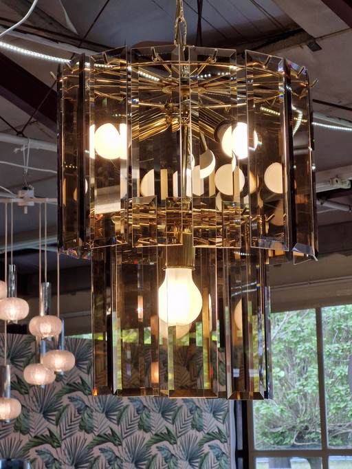 Vintage Brass Smoked Glass Chandelier 1970s
