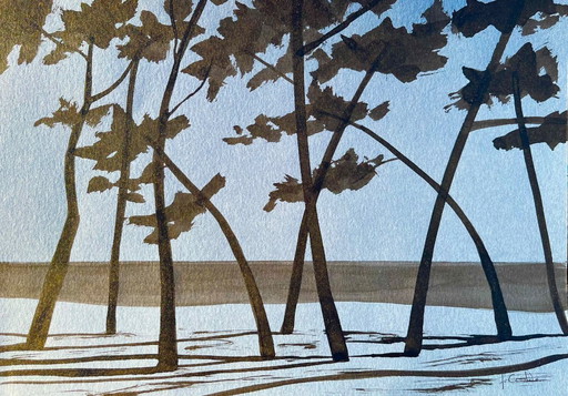 Tusche auf blauem Papier. Größe 30 x 21 cm.