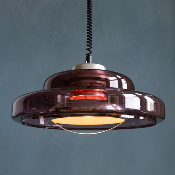 Image 1 of Einzigartige Herda Space Age Pendelleuchte aus rauchigem Aubergine-Plexiglas