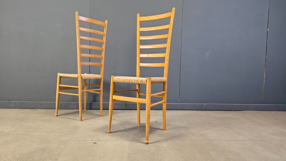Image 1 of Set of 6 Beech wood italian ladder back chairs, 1970s