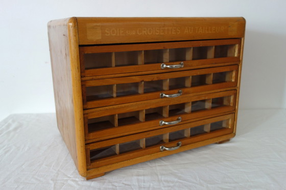 Image 1 of 4-drawer vintage silk haberdashery display cabinet on shelf