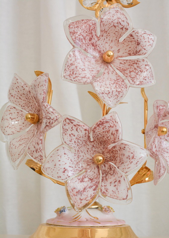 A Pair of Vintage Pink Murano Glass Flower Table Lamps, Italy, 1970s – Gold, Italian Design (photo 8 of 10)