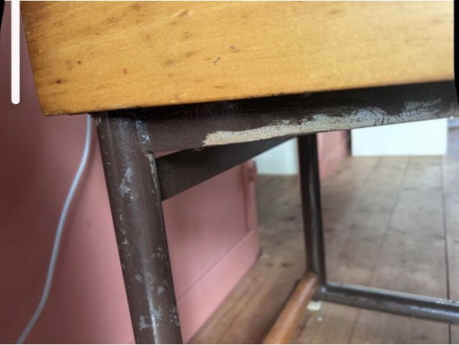 Vintage industriële schooltafel/leerlingentafel hout metaal