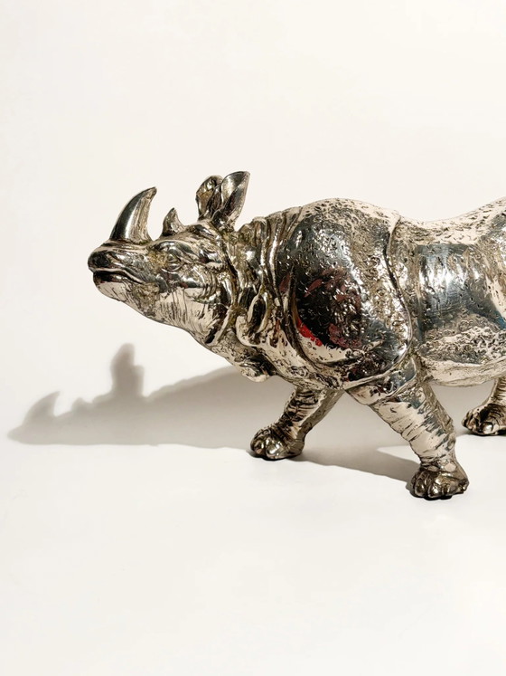 80s Silver-plated Metal Rhinoceros Sculpture (photo 5 of 12)