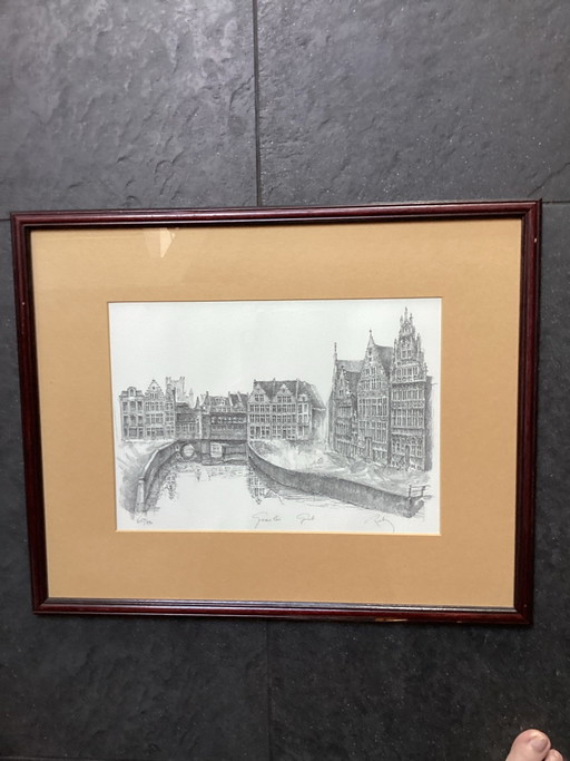 Framed pen drawing “Graslei Ghent” Luc Putman (Limited edition 629/990) - 53x43.