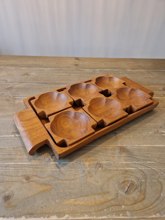 Image 1 of Mid Century Teak Houten Tapas Set.