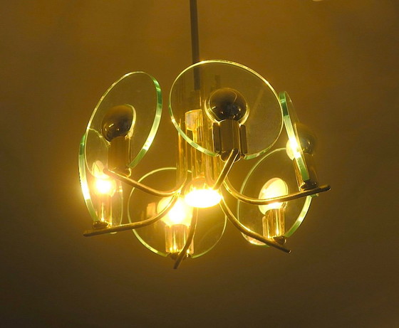 Lampadario placcato in argento con sei dischi di cristallo, Italia, anni '60 – Plafoniere, Metal (photo 3 of 5)