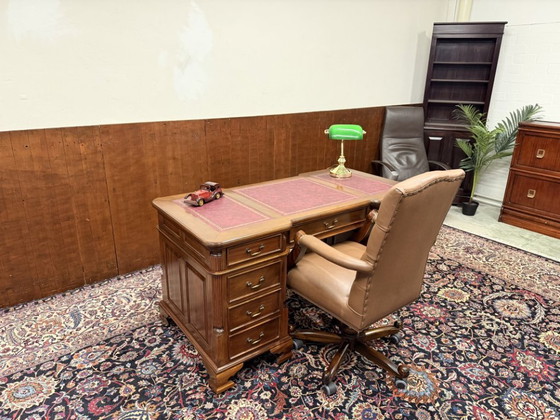 Classic English Desk Partnerdesk Red Leather – Wood (photo 2 of 19)
