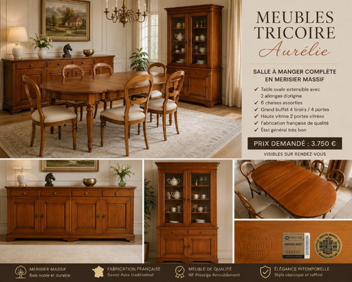 Meubles Tricoire "Aurélie" – Exclusieve complete eetkamer in massief kersenhout – eetkamerset, Wood, Brass