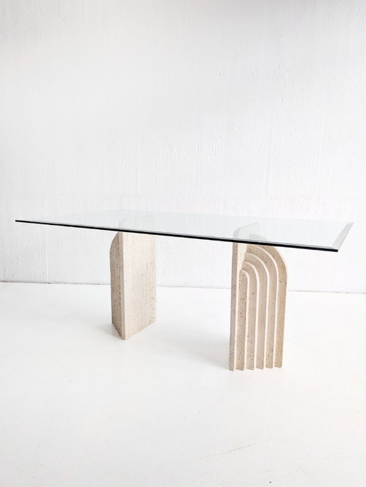 Travertine & Glass Dining Table with Sculpted Legs 1970s