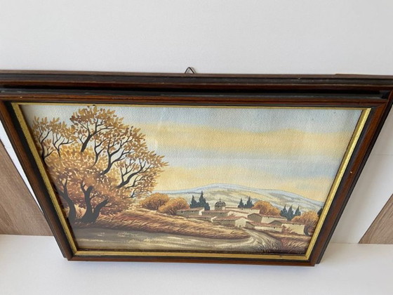 Image 1 of Watercolor Village of Provence Art France Painting Framed Signed Cardi ?? Artwork