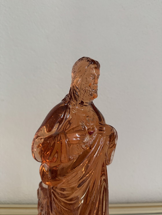 Image 1 of Großer Christus aus rosafarbenem Glas 40er Jahre