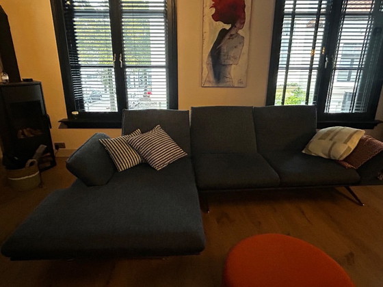 Modern corner sofa with chaise longue, dark blue textile, Panca, Metal (photo 3 of 5)