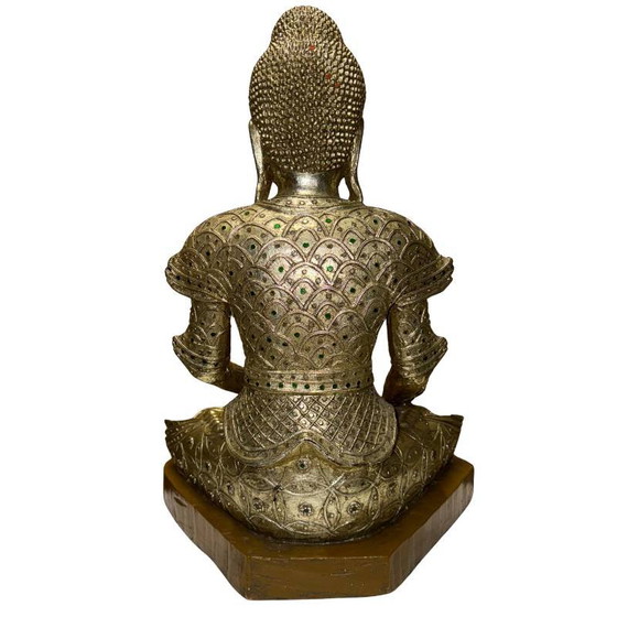 Estatua antigua de Buda Mandalay birmano – Madera dorada con incrustaciones de vidrio – Myanmar ca. 1880–1920 (photo 5 of 10)