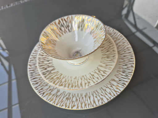 Vintage Bavarian Tea Trio – Gold Pattern & Floral Plate – 1950s-60s
