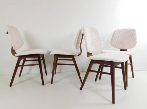 4 vintage chairs teak cream rib fabric newly upholstered
