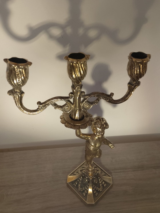 Image 1 of Paar bronzen kandelaars met putti, Franse kunst, Lodewijk XVI-stijl, 19e eeuw