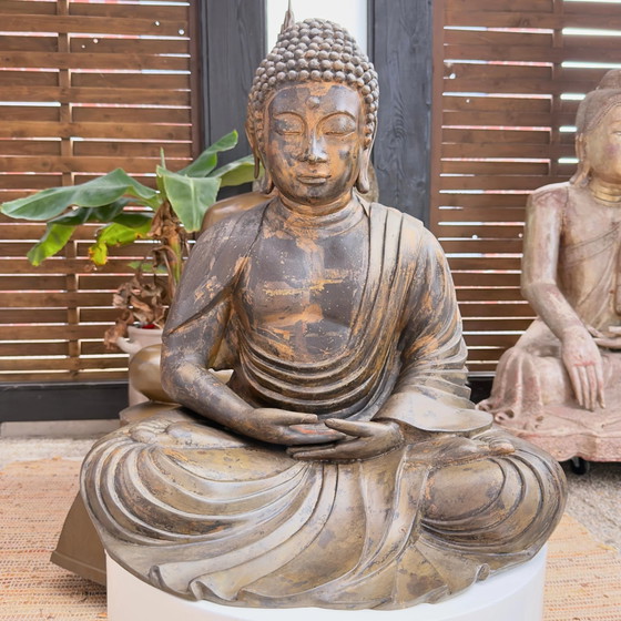 Buda japonés, c. 1900 (período Meiji o finales del siglo XIX / principios del XX), bronce con restos de (photo 2 of 11)