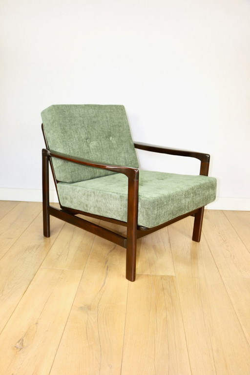 Vintage brown wooden armchair green-olive jeans design by Z. Bączyk - 2 pieces available