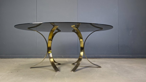 Image 1 of Vintage brass oval glass dining table, 1970s