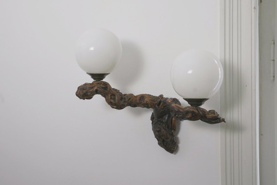 Image 1 of  Vintage Driftwood Wall Lamp Double Opaline Globe Sconce Vine Root Light Fixture Organic Brutalist Lighting Handmade Wall Light 
