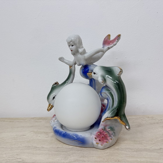 Image 1 of Dolfijn en zeemeermin Kleurrijk keramiek Vintage Tafellampje, 1970