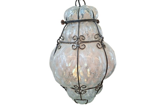 Image 1 of Lampada a Sospensione Vintage in Vetro Soffiato e Ferro Battuto