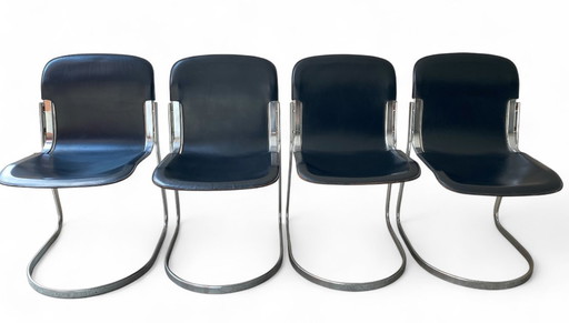 Willy Rizzo voor Cidue, suite van 4 vintage designstoelen, zwart leer en verchroomd staal, ca 1970