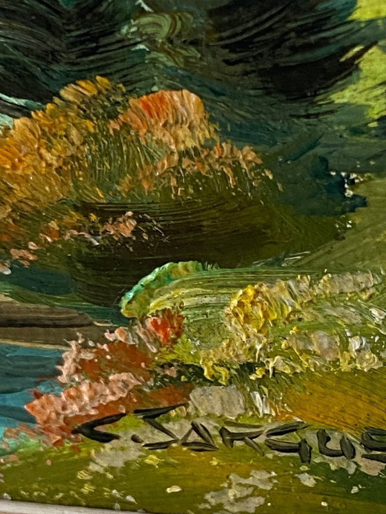 Image 1 of Dipinto ad olio su tavola d'epoca, firmato Claude Sargue, paesaggio montano n. 2