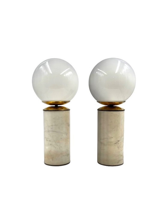 Image 1 of Hollywood regency set of 2 Carrara marble & brass table lamps, Lucirhytmo Italy 1970s