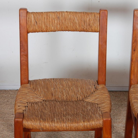 Image 1 of Set of 6 straw-seated chairs in solid elm, French work, 1950