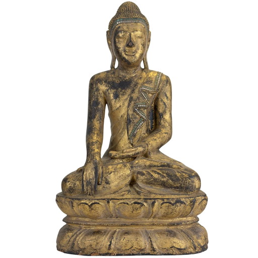 Buda antiguo de madera dorada – Estilo Mandalay de Myanmar – Incrustaciones de vidrio