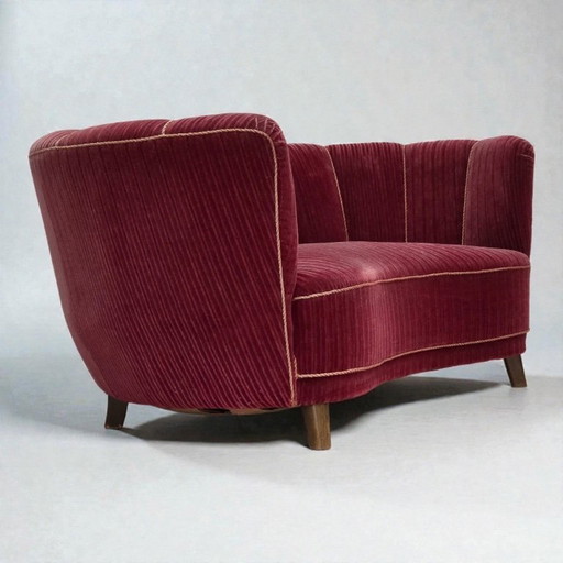 1960s, Danish 2-seater "Banana" sofa, red furniture velour, oak wood.