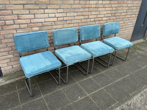 4 Corduroy Chairs with Cholesterol Tubular Frame – eetkamerstoelen, Chrome, Wood