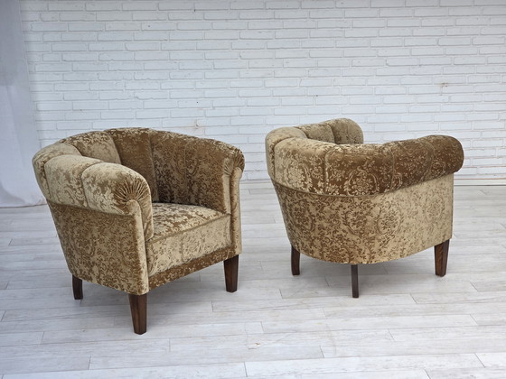 Image 1 of 1960s Danish Vintage Armchair, Green Furniture Velour, Ash Wood Legs