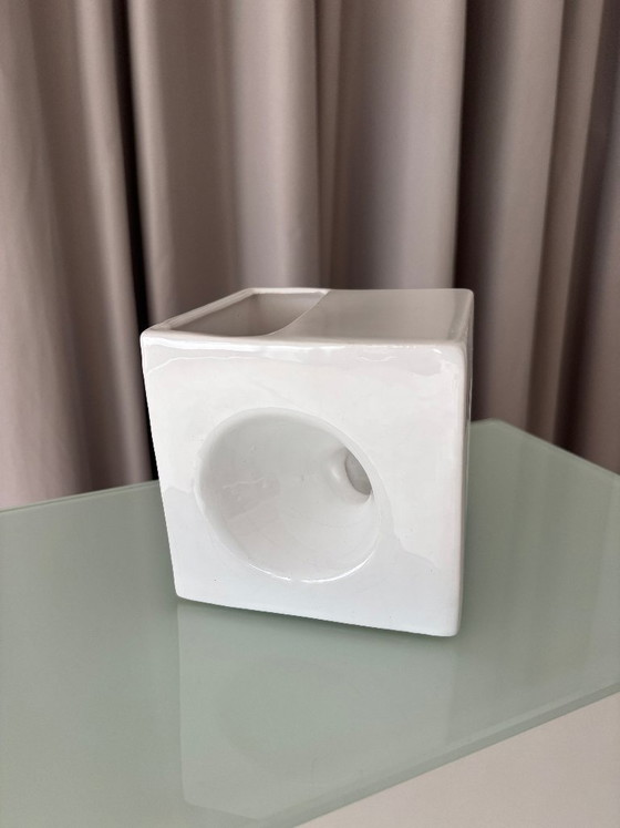 Vintage Minimalist Studio Pottery Cube Vase – White Ceramic (photo 13 of 14)