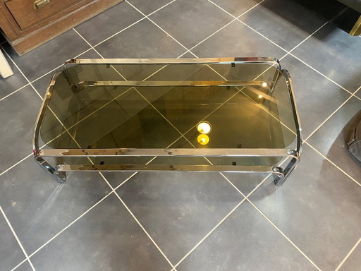 Table basse double plateau verre chrome style Bauhaus vintage 1970