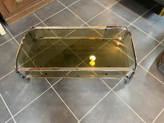 Image 1 of Table basse double plateau verre chrome style Bauhaus vintage 1970