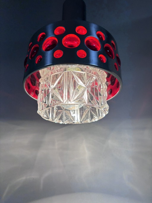 Lampada a sospensione originale Richard Essig Space Age (anni '70) in cromo e rosso rubino – hanglampen (photo 2 of 11)