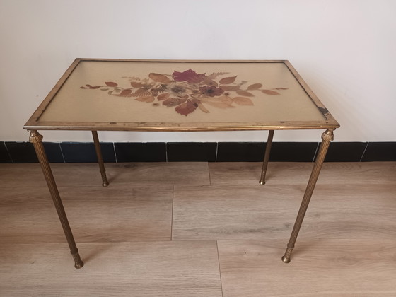 Image 1 of Bronze side table with pressed flowers