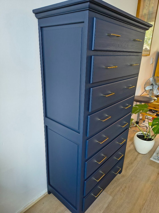Solid Oak Chest of Drawers – Dark Blue & Gold – Wood (photo 4 of 10)