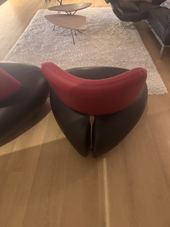 Leolux Pallone Uitstekende Staat 2 X Zwart Leer (Fuchsia Roze Rugleuning) – Fauteuils, Leather, Metal (photo 5 of 7)