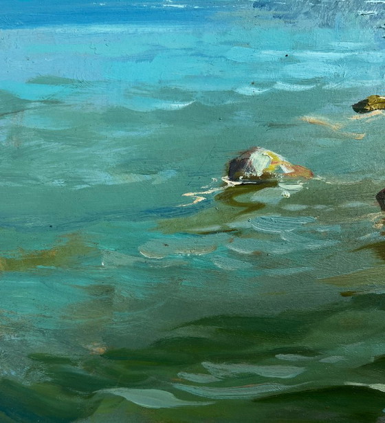 Image 1 of Pintura al óleo original Paisaje costero de verano Día de verano en la costa