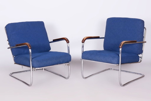 Origineel Bauhaus-paar fauteuils, verchroomd staal, Zwitserland, jaren 1930 – Metal, Textile