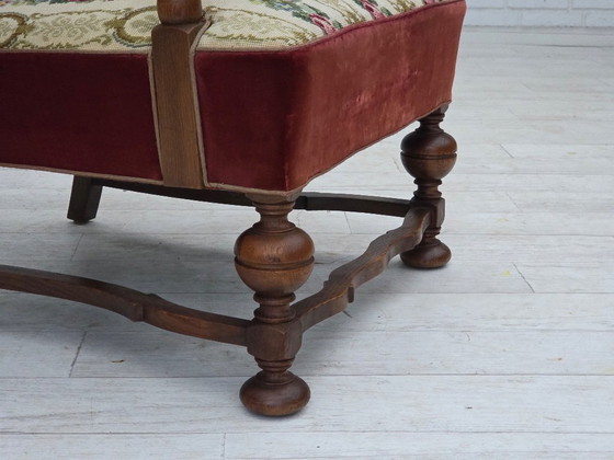 Image 1 of Poltrona danese con schienale alto, anni '50, tessuto di lana intrecciato, velluto rosso per mobili, legno di frassino.