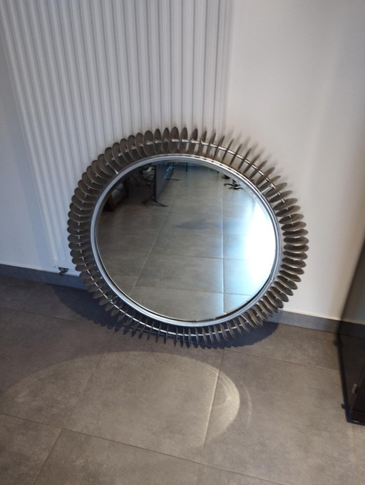 Large Brutalist Sun Type Mirror, Round, Handmade - Folk Art