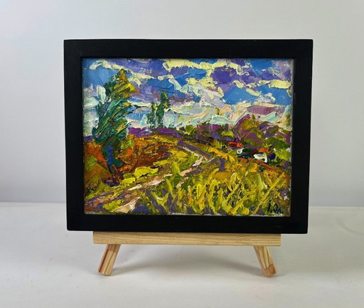 Original Oil Painting Summer Village Landscape Clouds float like fairy tail ships