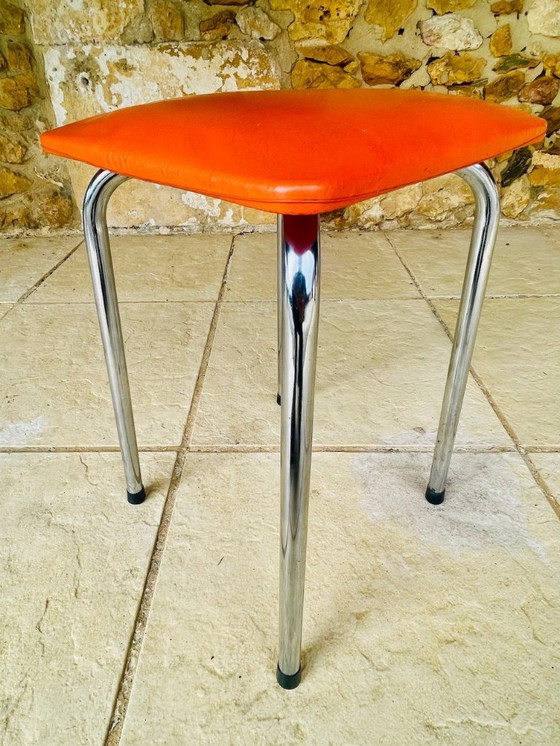 Image 1 of Mid-Century, Orange Skaï and Chrome Stool By J L 1970s