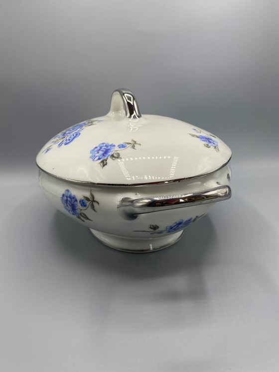 Grote afgedekte porseleinen groenteschaal met blauwe rozen. – Decoratieve objecten, Porcelain, Silver (photo 2 of 10)